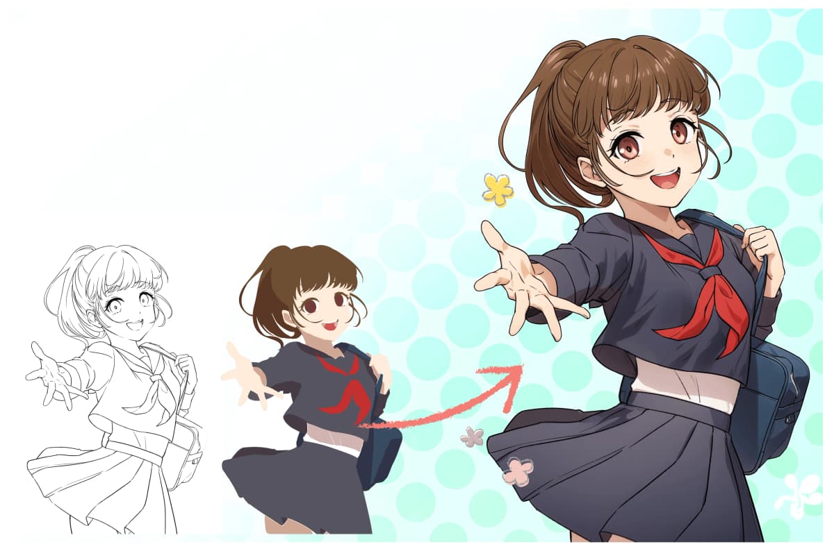 着彩AIのビフォーアフター - 線画から完成イラストまでの段階的な彩色プロセス